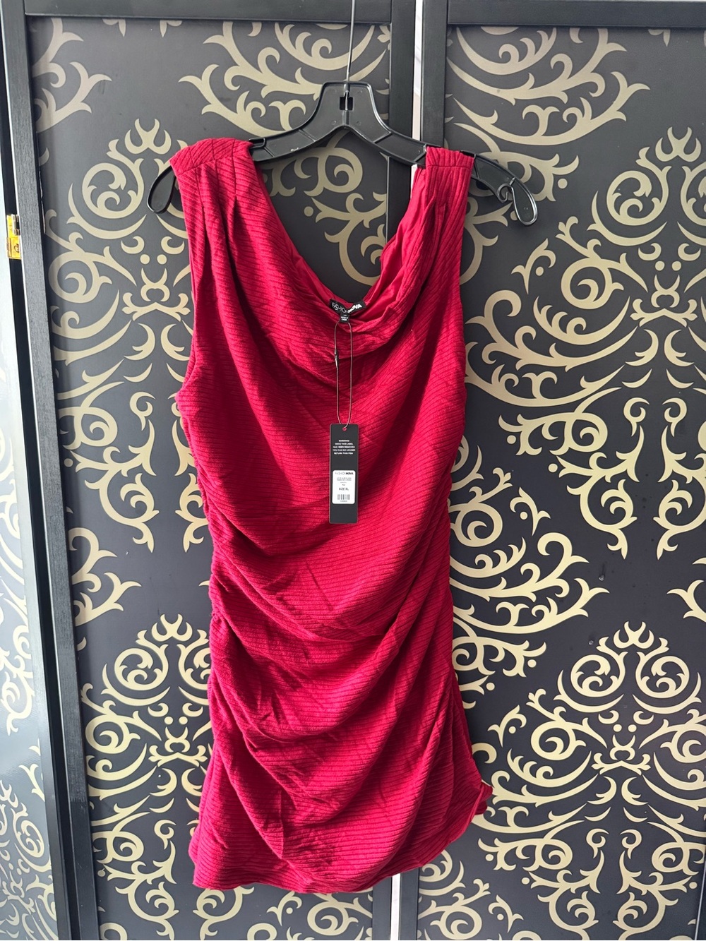 Fashion Nova Ruched Cowl Mini Dress in Deep Pink-Red